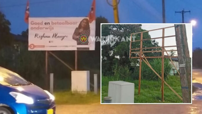 Banner van billboard VHP-kandidaat Reshma Mangre gestolen