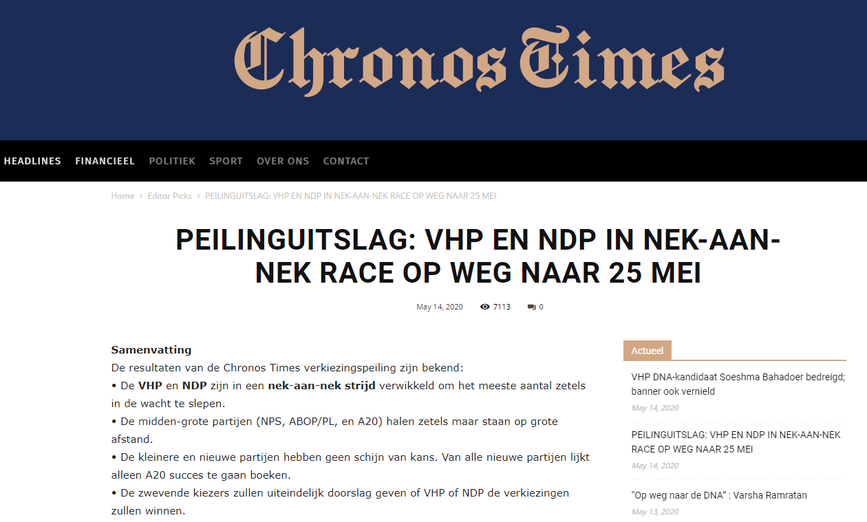 PEILINGUITSLAG: VHP EN NDP IN NEK-AAN-NEK RACE OP WEG NAAR 25 MEI